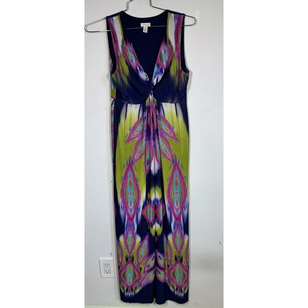 Chicos Sleeveless Ikat Print Twist Front V-Neck Maxi Dress Multicolor Womens L - Picture 1 of 13